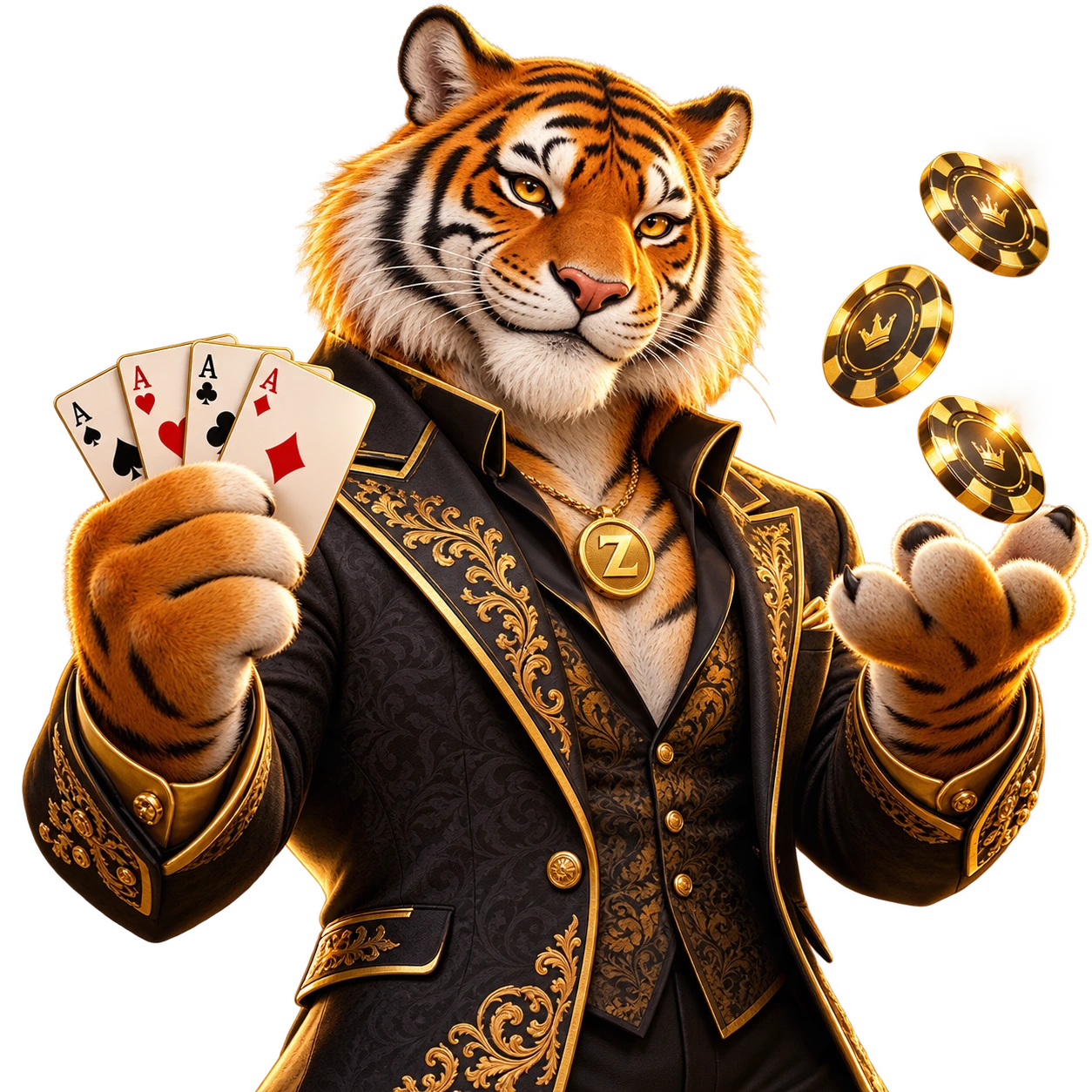 Tigre de ZanzaWin con chaqueta negra y dorada, cartas y fichas